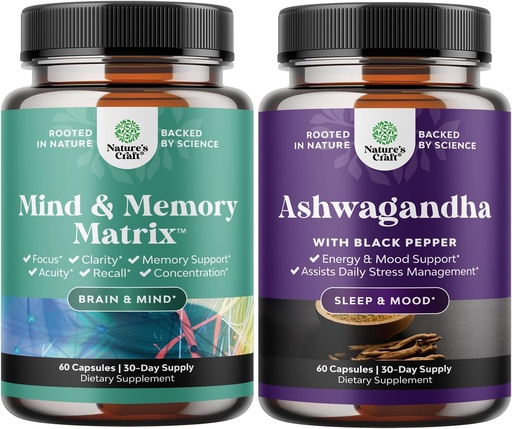 [BRSRMCYPAENG2D3B] Bundle of Enhance Brain Memory, Boost Focus, Improve Clarity Mind Booster and Mood Enhancer Organic Ashwagandha Capsules - Pure Ashwagandha Powder for Thyroid Energy Focus