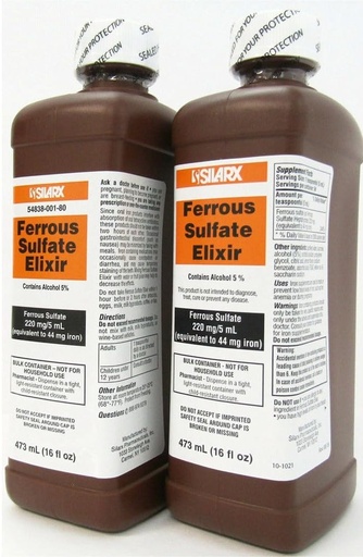 [BRSWIGYLBUHWG2T6] Ferrous Sulfate Elixir 220mg/5mL 16oz Bottle - 4 Pack