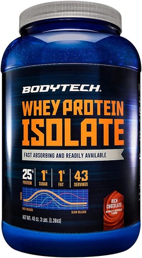 [BRSWIHD7OZ5AM33G] BODYTECH Whey Protein Isolate Powder - Rich Chocolate Flavor - Premium Protein Supplement for Muscle Growth and Recovery - Low Carb and High Protein Formula for Performance (3 lbs/43 Serve)