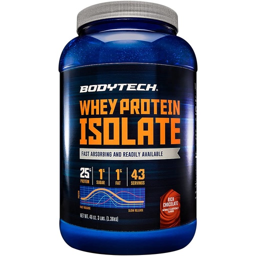 [BRSWIHD7OZ5AM33G] BodyTech Whey Protein Isolate Powder, Rich Chocolate Flavor, 25g Protein per Serving, High Concentrated Protein Powder with Amino Acids & BCAAs for Men and Women, Gluten Free, 3 lb, 43 Servings