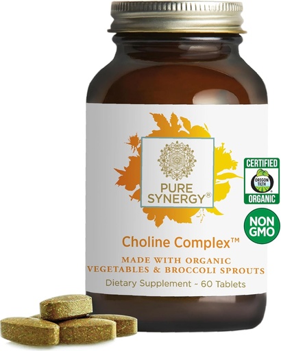 [BRSWYEI2OICA2CTX] PURE SYNERGY Choline Complex|Vegan Choline Supplement는 유기농 식품으로 만들어졌습니다 | Non-GMO Bioavailable Complex | 임신, 뇌 및 간 건강 (60 정제)