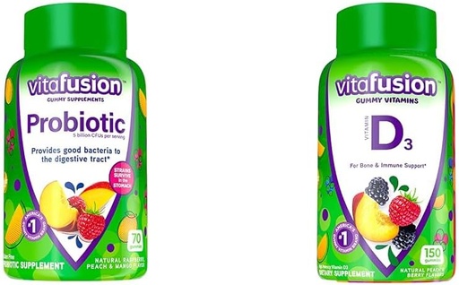 [BRSROAIKC5YAAAA3] Vitafusion Probiotic Gummy Supplements, Raspberry, Peach and Mango Flavors & Vitamin D3 Gummy Vitamins for Bone and Immune System Support