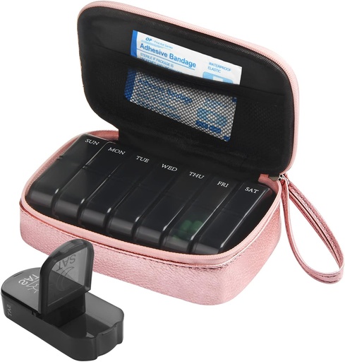 [BRSW2CA5CUFAAHQ2] Weekly PU Leather Pill Bag Organizer Case 2 Times a Day, AM PM Daily Pill Box to Hold Vitamin, Fish Oil, Supplements and Medicine (Pink)