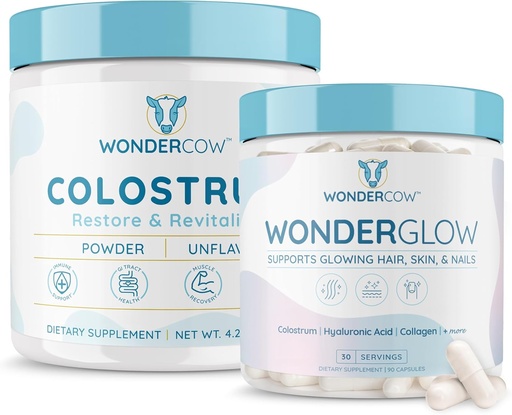 [BRSRA2YBDMIQOC3X] WONDERCOW Colostrum Unflavored + WonderGlow 머리 피부와 못 비타민, 지원 더 빠른 머리 성장, 더 강한 못 및 Glowing 피부