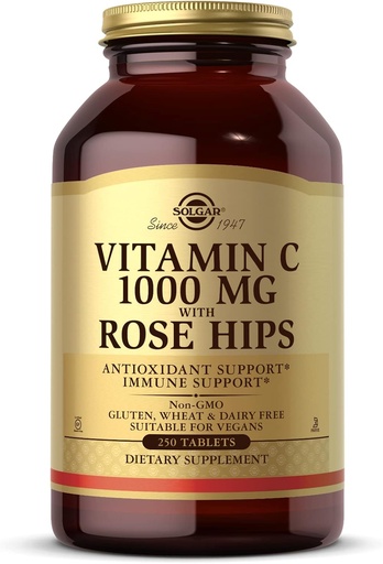[BRSWIY3YAUPB4HQ3] Solgar Vitamin C 1000 mg dengan Rose Hips, 250 Tablet - Antioksidant & Imune - Overall Health - Supports Healthy Skin & Joints - Non GMO, Vegan, Gluten Free, Dairy Free, Kosher