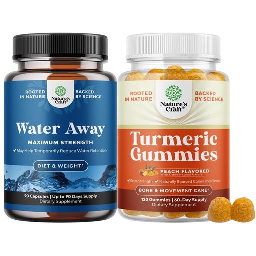 [BRSROCTQA5YREFLH] Bundle of Water Away Fluid Retention with Dandelion Leaf Extract & Green Tea for Bloating Relief and Turmeric Gummies for Adults Peach Flavor - Turmeric Curcumin with Black Pepper Extract and Ginger