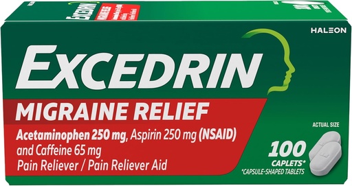 [BRSWECQCDEBAOELX] Excedrin Migraine Relief Caplets för Migraine Symptoms, Acetaminophen 250mg, Aspirin 250mg, koffein 65mg, Smärta Reliever, 100 greve