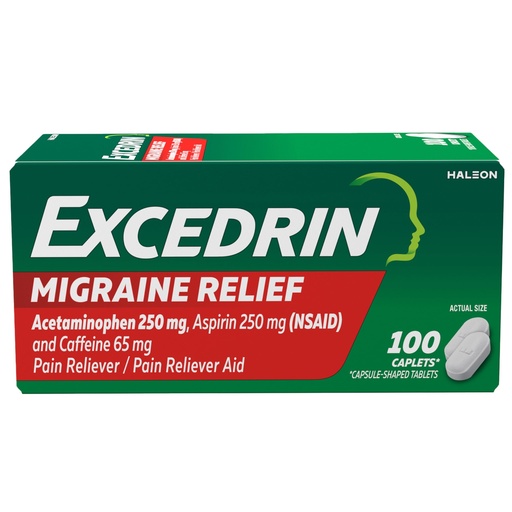 [BRSWECQCDEBAOELX] Excedrin Migraine Relief Caplets for Migraine Symptoms, Acetaminophen 250mg, Aspirin 250mg, Caffeine 65mg, Pain Reliever, 100 Count