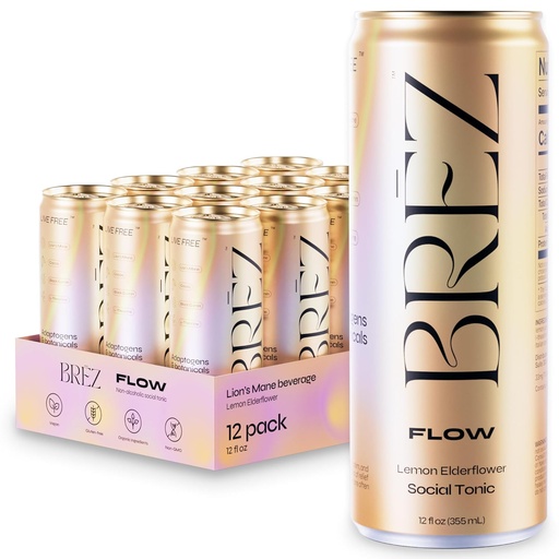 [BRSRAZAEOF6GKF3J] BREZ FLOW Lion’s Mane Mushroom Drink,12-Pack, Non-Infused, Adaptogens, Relieving, Uplifting, and Social, Sparkling Lemon Elderflower Tonic 12 Fl oz