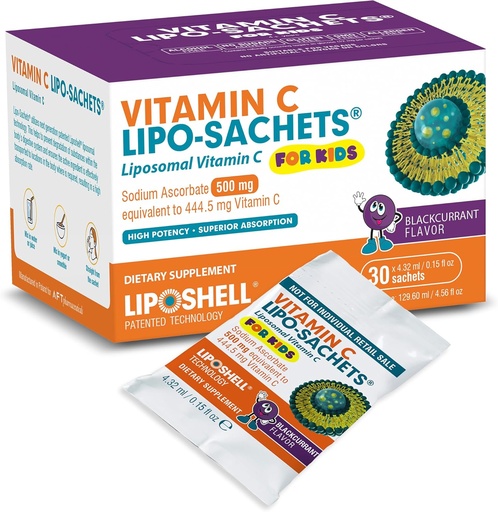 [BRSRMY3RPIGWA2TO] Lipo-Sachets Kids Liposomal Vitamin C - 500mg Per Serving For Barns Immune Støtte - Blackcurrant Flavour Vitamin C for barn - høy absorpsjon, Ingen Lagt Sukker - 30 Pakker