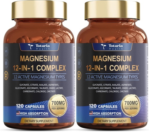 [BRSRAFA5BEPA2DL3] Complex de magneziu 700mg 12 în 1 Supliment de magneziu cu Glycinate Citrate Oxid de malat Taurate Aspartate Orotate Magneziu Relaxare,Muscle,Heart Support, Vegan 120 Capsule 2PK
