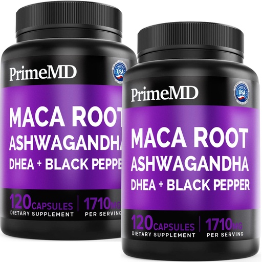 [BRSRAZDROABBAHLK] 6-in-1 Organic Maca Root Ashwagandha Capsules 1710mg with DHEA and Black Pepper Fruit Extract for Women and Men - Black Maca Supplement for Stamina, Bone and Mood Support Supplement, 120ct (Pack of 2)