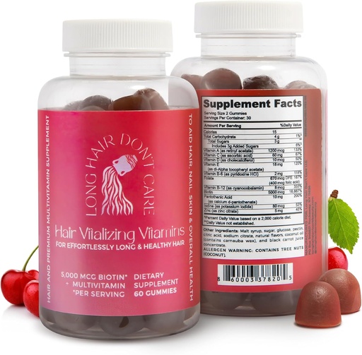 [BRSWYZ3RA4AQYHTB] Long Hair Don't Care Hair Vitalizing Vitamins, Hair Skin and Nails Vitamins, Vitamins for Women and Men, Pantothenic Acid, Folic Acid & Biotin Gummies, Non-GMO Hair Vitamins, 60 Gummy Vitamins