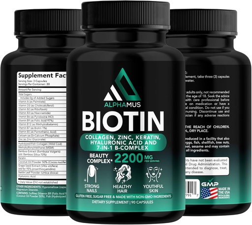 [BRSRAHYTBNYQYHLH] Biotin and Collagen Supplements with Keratin - Biotin 5000mcg Capsules for Hair Growth, Healthy Skin & Nails - Optimized Blend of Hyaluronic Acid & Vitamin-B Complex for Women & Men, 90 Capsules