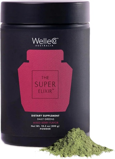 [BRSRAGITCIOQ2HLL] WelleCo The Super Elixir Daily Green Powder, Probiotic Drink Mix med hele fødevarer, Gluten Free, Vegan Gut Health Powder, Energy, Immunity, Sund hud, hår & negle (300g, blandet berry)