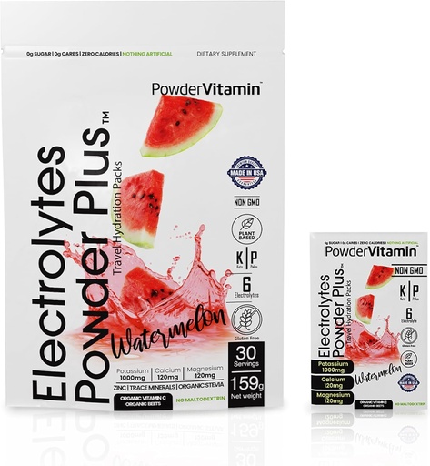 [BRSROGL4OEHQKCD3] PowderVitamin Electrolytes Powder Plus, Keto, Watermelon, Sugar Gratis, 1000 mg de Potasio, 120 mg de Calcio, 120 mg de Magnesio, No GMO, Cero calorías, 30 paquetes de hidratación