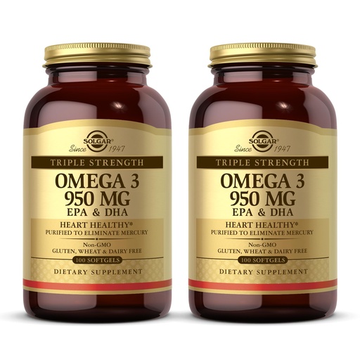 [BRSWIHYNBUGRMCTG] Solgar Triple Strength Omega 3 950 mg - 100 Softgels, Pack of 2 - Supports Joint & Skin Health - Non-GMO, Gluten Free, Dairy Free - 200 Total Servings