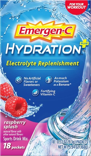 [BRSWECQHCEFBG23Z] Emergen-C Hydration+ Sports Drink Mix with Vitamin C (18 count, Raspberry Flavor), Electrolyte Replenishment, 0.33 Ounce Powder Packets