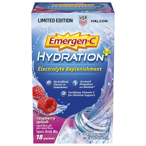 [BRSWECQHCEFBG23Z] Emergen-C Hydration+ Sports Electrolyte Replacement Sports Drink Mix Powder with Vitamin C, Raspberry Splash Flavor, Back to School Essentials - 18 - 0.33 oz On The Go Packets