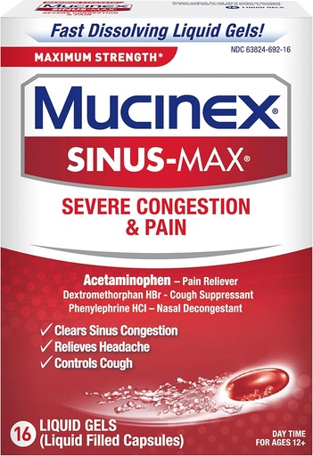[BRSWGEA3OUNWCE3Z] Mucinex Sinus-Max Max Strength Severe Congestion & Pain Liquid Gels, 16ct
