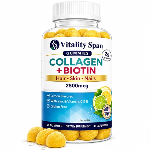 [BRSRMHA6A57WC2YZ] Collagen Gummies for Women with Biotin 2500mcg, Vitamin C, E & Zinc – Hair Skin and Nails Gummies – Low Sugar Lemon Flavor – Beauty Supplement – 60 Gummies, Made in USA