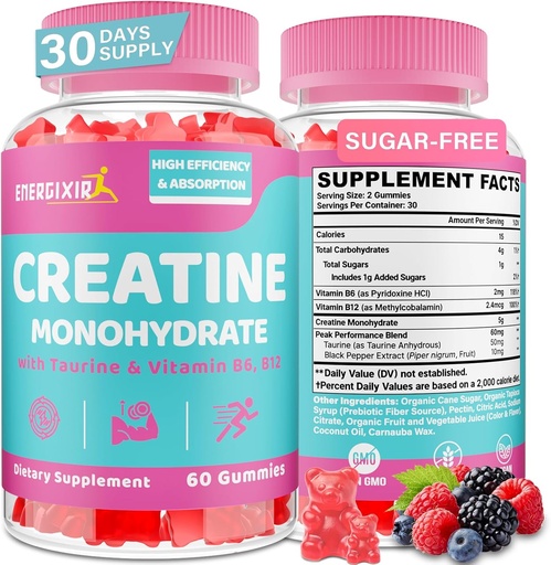 [BRSRA2YOCN6GCHT3] Creatine for Women, Creatine Monohydrate Gummys - No Bloating - Creatine Pre and Post Workout Chewables Supplement with Taurine & B6 - 用于恢复,力量,能量和靴子,性能,60个计数