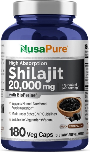 [BRSROHA2A4DWYDY4] NusaPure Shilajit 每架20 000mg, 180 Veggie Caps, 非GMO, Gluten Free, Bioperine