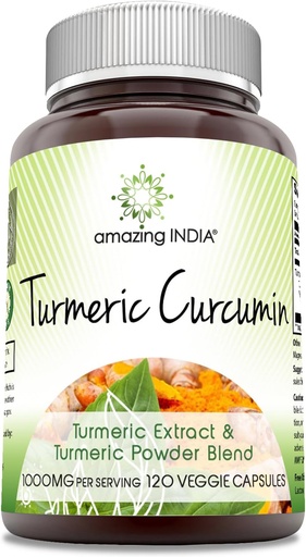 [BRSRO2YPOZ7AMA35] Amazing India Turmeric Curcumin 1000 Mg per Serving | 120 Veggie Capsules Supplement | Blend of Turmeric Powder & Turmeric Extract | Non-GMO | Gluten Free | Made in USA