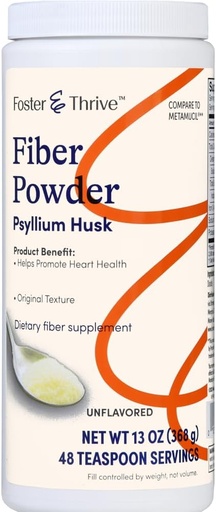 [BRSROATQCEBWEDQV] Foster & Thrive Daily Psyllium Husk Powder Supplement, 4-in-1 Fiber for Digestive Health Laxative, Relieves Occasional Constipation, Sweetened w/Real Sugar, Original Flavor, 48 Doses