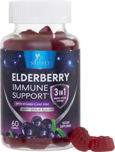 [BRSWGC34BMOQE3I4] Elderberry Immune Support Gummies - 3X Strength Black Elderberry Gummy with Vitamin C, D3 and Zinc for Kids & Adults - Immune Health Support Supplement Gummy, Black Elder Berry Vitamins - 60 Gummies