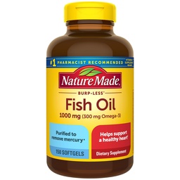 Nature Made Burp Less Fish Oil Omega 3 Supplements, 1000mg Softgels, Omega 3 Fish Oil Supplements for Healthy Heart Support, 150 Softgels, 75 Day Supply