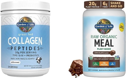 [BRSROEI2CUJRQE3B] Garden of Life Grass Fed Hydrolyzed Collagen Protein Suplementos Peptides Powder, 19.75 Oz & Tasty Organic Chocolate Meal Replacement Shake Vegan 20g