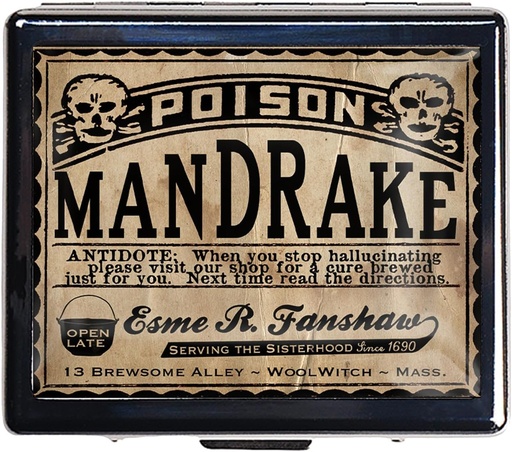 [BRSROGADAAHRYYL4] Caixa de pílula vintage prata 7 dia caixa de pílula de metal com espelho e 8 compartimentos bonito organizador de pílulas de viagem para bolsa (Mandrake de veneno)