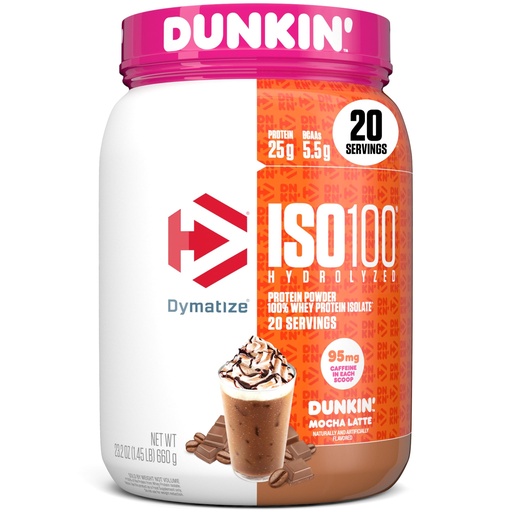[BRSW22YKA4IWKFA6] Dymatize x Dunkin' Mocha Latte ISO100 Whey Protein Powder, 95mg Caffeine, 25g of Protein, 20 Servings, 5.5g BCAAs, 120 Cal., Gluten Free, 1g Fat, 1g Sugar, 3g Carb