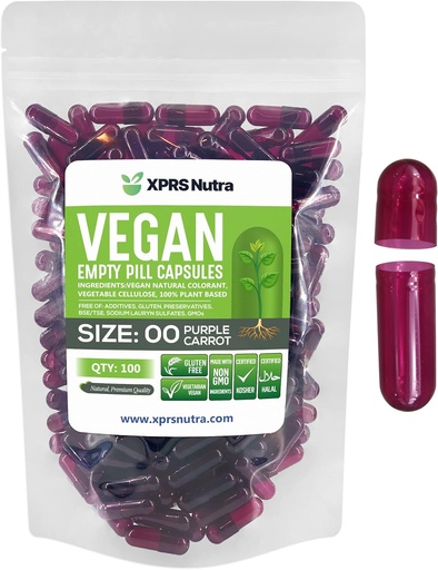 [BRSWYGQ6OF7WOGY2] XPRS Nutra suurus 00 Tühjad kapslid - 100 loend Tühjad vegankapslid - taimetoitlased Tühjad pillid - DIY köögiviljakapslid Täitmine - Veggie pillid korgid (Purple Porgand)
