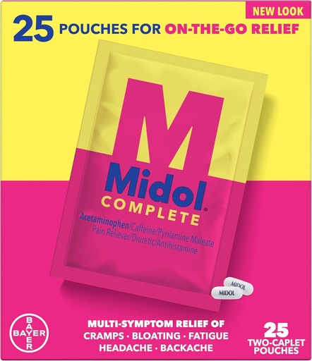 [BRSWYZD3BAGWCELP] Midol Complete On The Go Caplets with Acetaminophen for Menstrual Symptom Relief, Period Cramp and Menstrual Pain Relief, 50 Count (25 Pouches of 2)
