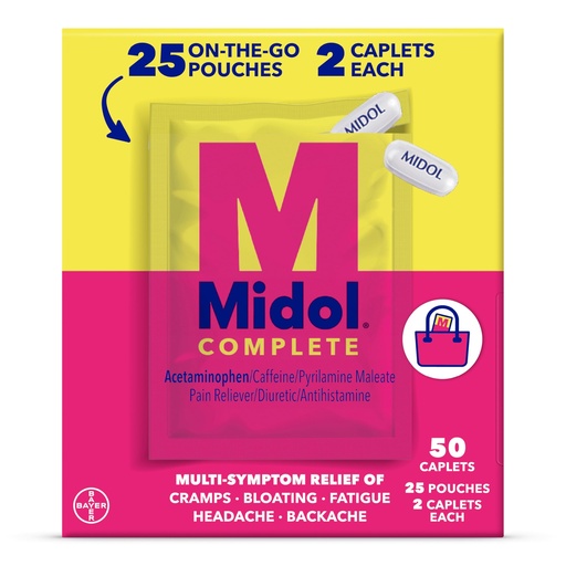 [BRSWYZD3BAGWCELP] Midol Complete On The Go Caplets with Acetaminophen for Menstrual Symptom Relief, Period Cramp and Menstrual Pain Relief, 50 Count (25 Pouches of 2)
