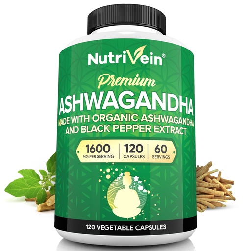 [BRSWGZT6CUFWM2DP] Nutrivein Ashwagandha for Men & Women - 1600mg - Enhanced with Black Pepper - High-Absorption Root Powder Ashwagandha Supplements for Mood Balance, Restful Sleep, & Focus - 120 Vegan Capsules
