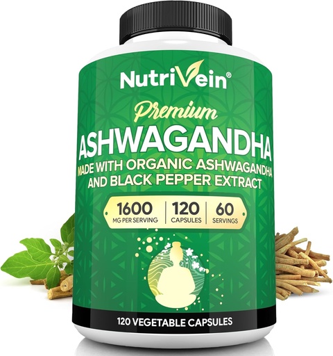 [BRSWGZT6CUFWM2DP] Nutrivein Ashwagandha for Men ' Women - 1600mg - Mejorado con el Pepper Negro - Alto-Absorption Root Powder Ashwagandha Suplementos para Mood Balance, Descanso sueño, " Focus - 120 cápsulas Vegan