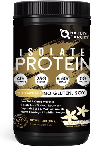 [BRSRAGARBYBGY23B] NATURE TARGET Isolate Whey Protein Powder Vanilla, 25g Protein Low Carb Sugar-Free & Gluten-Free, 5.5g BCAAs, Rich in Fibers & Minerals, 1.1 Pound, 16 Servings