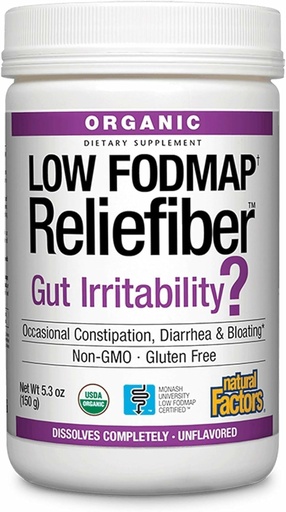[BRSWGAQPCIBWY2AV] Natural Factors Organic Low FODMAP Reliefiber Powder - Digestive Health Support Supplement with Dietary & Soluble Fiber - Gut Health Support Aids Mild Bloating - Unflavored, 150 g (30 Servings)