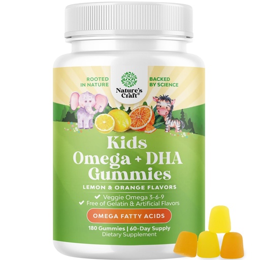 [BRSROEDRBYFRUYA4] Omega DHA Gummies for Kids - Fatty Acids Omega 3 6 9 with Vitamin C for Brain, Immunity & Vision - Nutritional DHA for Kids for Healthy Nervous System & Focus Support - Fish Free & Vegan - 180 Chews