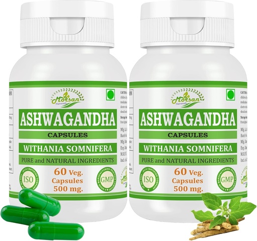 [BRSRAEINOV5RY3LA] Ashwagandha (Withania Somnifera) kapslar för män och kvinnor | Ayurvedic Herbal Supplement | 500 mg per servering | 60 Veggie kapslar | Made with Natural Ashwagandha Root (2 flaskor av 60 kapslar)