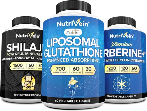 [BRSRABQBDMCWG234] Nutrivein Premium Shilajit Capsules, Liposomal Glutathione Supplement, & Berberine Supplement Bundle: Berberine, Glutathione, & Shilajit Capsules for Men & Women - Metabolism, Vitality, & Balance