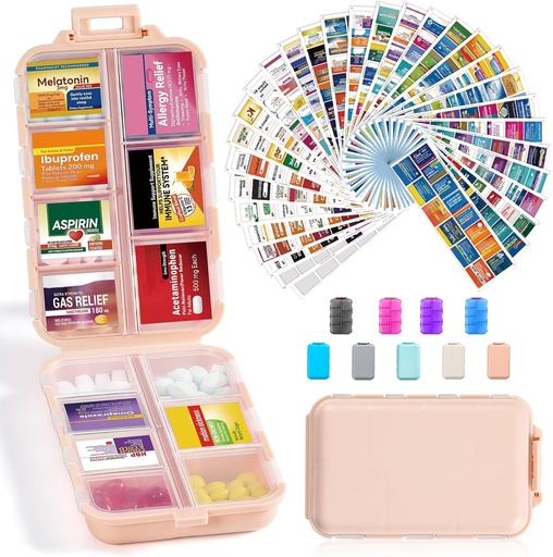 [BRSRA23YA5YA22TZ] 14 Grids 旅行药丸组织者盒,装有415-Pcs 药品名称标签 - Pocket Daily Pharkey Case Control Kit - 旅行药剂持有者 鱼油维生素补充剂存储 - 粉红色
