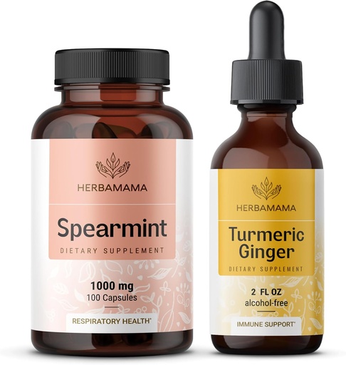 [BRSRAGAYAQJR4G3G] HERBAMAMA Spearmint and Turmeric Ginger Kit - Bundle of 1000 mg Spearmint Leaf Capsules & Turmeric Ginger Tincture 2 fl oz - Vegan, Non-GMO, Sugar & Alcohol-Free - 2 Pack