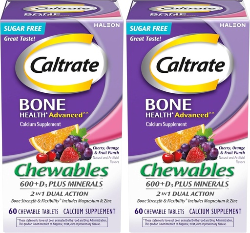 [BRSRAY3ROYNBOCAZ] Caltrate Chewables 600 Plus D3 Plus Minerals Suplemento de vitamina D de cálcio, cereja, laranja e fruta - 60 contagem (Pacote de 2)