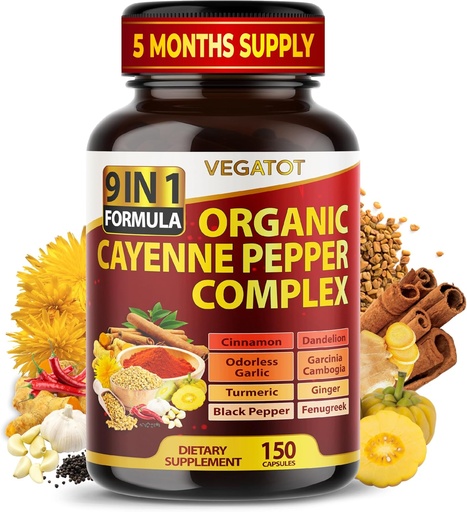 [BRSROHQ5CR7ROCDB] Organic Cayenne Pepper 9IN1 Complex with Cinnamon, Ginger, Turmeric for Συνολική Υγεία, ανοσοποιητικό σύστημα, Digestion Wellness (150 Count (Pack of 1))