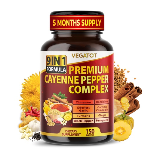 [BRSROHQ5CR7ROCDB] Organic Cayenne Pepper 9IN1 Complex with Cinnamon, Ginger, Turmeric for Overall Health, Immune System, Digestion Wellness (150 Count (Pack of 1))