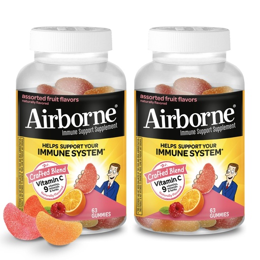 [BRSWYFLQBECR42DU] Airborne 750mg Vitamin C Gummies for Adults, Immune Support Supplement with Powerful Antioxidants Vitamins A C & E - 2x63ct Bottles (126 Gummies), Assorted Fruit Flavor